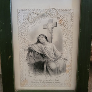 Cartão sagrado religioso vintage antigo emoldurado com correntes cruzadas de Jesus Natal Páscoa Brocante AS-IS