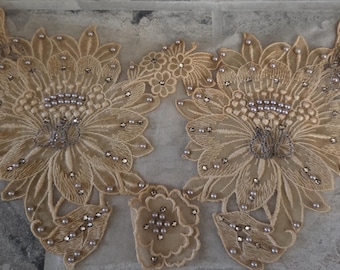 Vintage Large Ornate Salvage Embroidered Textile Piece Bridal Flowers Rhinestones Victorian Edwardian Shabby Brocante As-Is