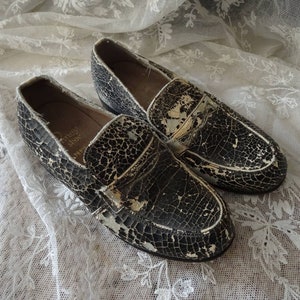 Vintage SHABBY Victorian Black Cream Child's Loafers Shoes image 1