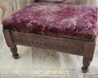 Antique Vintage Plum Purple Primitive Stool Shabby Boudoir Edwardian Victorian Brocante As-Is