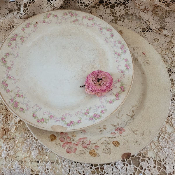 Vintage DUO Ironstone Crazed Antique Serving Plates Mismatched Flowers Shabby Brocante AS-IS