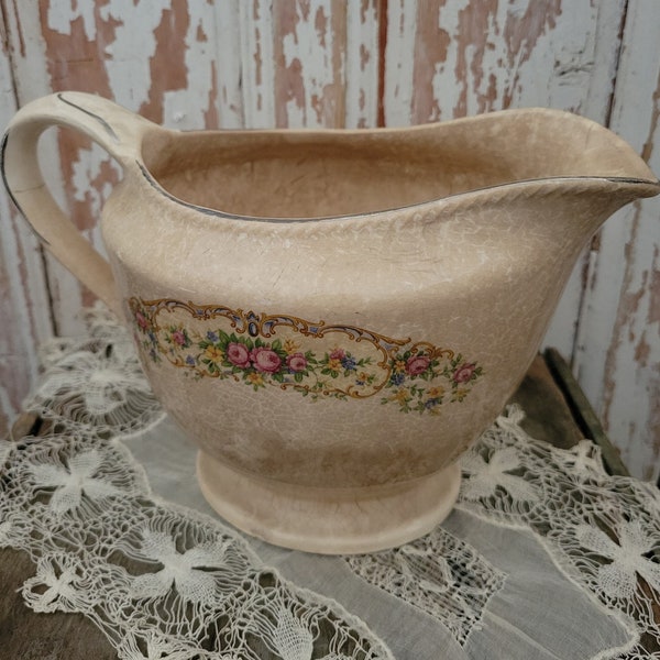 Beautiful LARGE Shabby Vintage All-Over Crazed Pitcher Flowers Ironstone Brocante AS-IS
