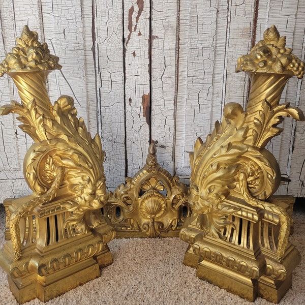 OMG French RARE 3-Piece Set Vintage XL Fireplace Andirons and Fender Metal Chateau Brocante As-Is