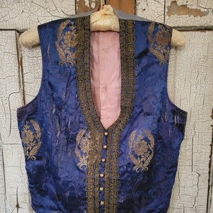 FRENCH Antique Victorian Gentleman's Ornate Blue Gold Silk Satin Gilet Vest Shabby Brocante As-Is