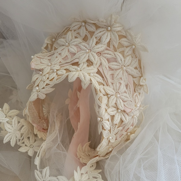 Vintage LONG Shabby Floral Pink White Bridal Wedding Tulle Lace Veil #3 Brocante AS-IS