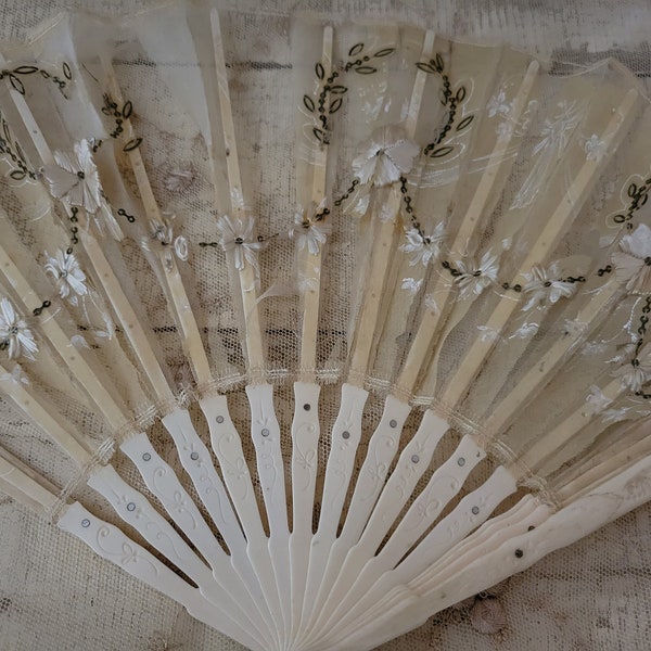 Beautiful Shabby Tattered Vintage Cream Sequin Floral Victorian Fan AS-IS