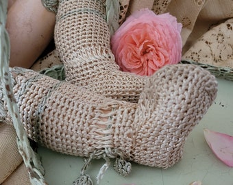 Vintage FRENCH Crochet Shabby Mint Green Taupe Doll Child Socks Stockings Brocante AS-IS
