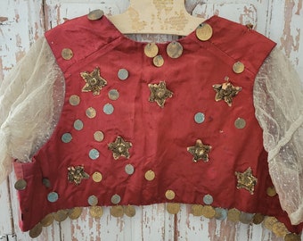 Antique Vintage Theater Child's Handmade Red Gypsy Costume Bolero top Bullion Stars Coins Brocante As-Is