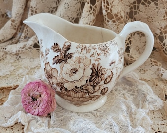 Vintage Shabby England Crazed Floral Brown Transferware Pitcher Porcelain Ironstone Brocante AS-IS