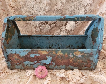 OMG Antique Shabby Blue Metal Industrial Carrying Tool Caddy Victorian Edwardian Brocante FAB