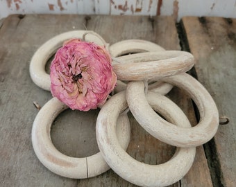 Vintage Dutch SET of 6 Wood Cream White Chippy Drape Curtain Rings Shabby Brocante FAB As-Is