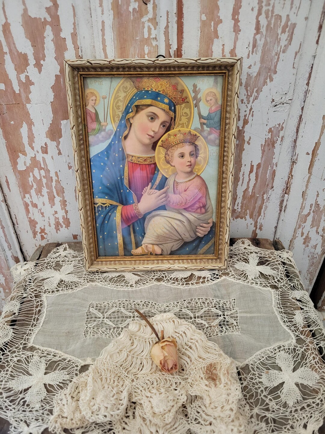 Vintage Religious Framed Madonna and Child Print Jesus Brocante AS-IS ...