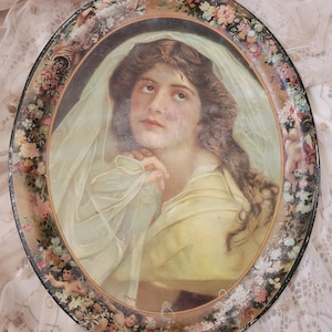 OMG Shabby Vintage Antique Victorian Bride Wedding Edwardian Tin Portrait Tray FAB