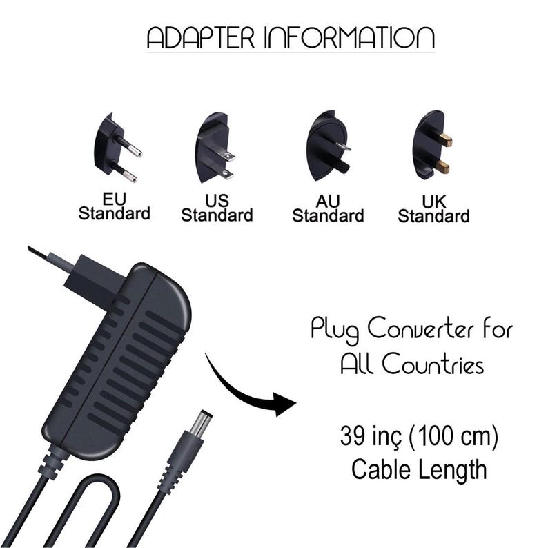 May include: Black plug converter with multiple plug types: EU, US, AU, and UK standards. The text reads "Plug Converter for All Countries." The cable length is 39 inches.