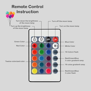 May include: A remote control with instructions for a moon lamp. The control has buttons for color selection, brightness, and special effects like flashing and gradient ramps. Text on the control includes "Remote Control Instruction" and color options.