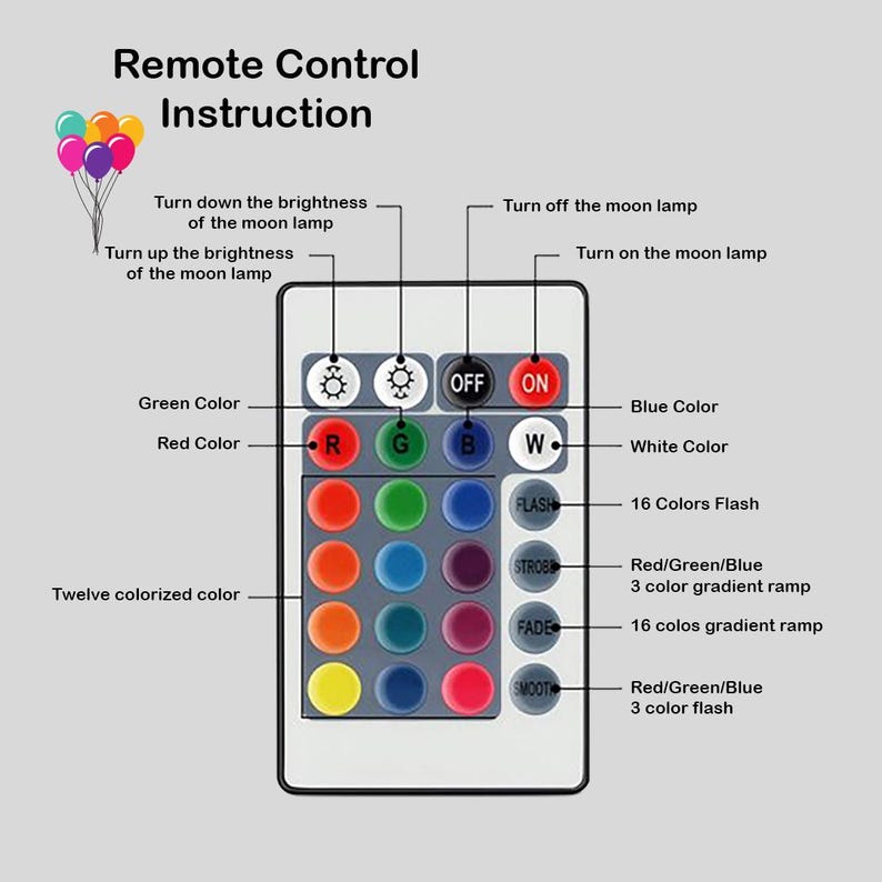 May include: A remote control with instructions for a moon lamp. The control has buttons for color selection, brightness, and special effects like flashing and gradient ramps. Text on the control includes "Remote Control Instruction" and color options.