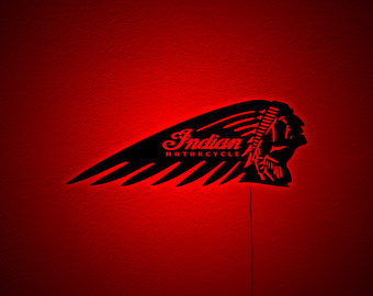 Indian Motorcycle LED Wall Decor – Illuminated Wood Wall Sign with Logo | Garage & Man Cave Light Art | Perfect Christmas Gift for Riders