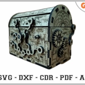 Arquivo SVG de baú de tesouro Steampunk, modelo de caixa de engrenagens cortada a laser 3D, caixa de quebra-cabeça mecânica DXF PDF CDR AI para Cricut e CNC