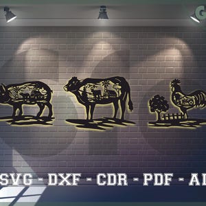Bundle d'animaux de la ferme Svg Dxf Cdr Pdf Ai avec des silhouettes de coq de vache et de cochon, fichiers découpés au laser de style campagnard pour Cricut et décoration d'intérieur
