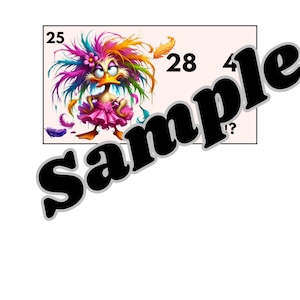 May include: A cartoon duck with vibrant, multi-coloured hair and a pink dress is depicted on a light pink background. The duck has a flower in its hair and is surrounded by feathers. Numbers 25, 28, and 4 are visible. The word "sample" is printed across the image.