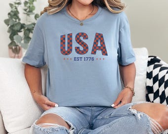 USA Checkered T-Shirt | Red and Blue Patriotic Tee | 4th of July Graphic Shirt | Vintage USA Shirt | American Flag T-Shirt