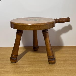 Vintage Wooden Milking Stool with Strawberry Picture - 3 Legged Rustic Decor