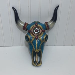 Turquoise Bull Skull Wall Art: Southwestern Boho Home Decor