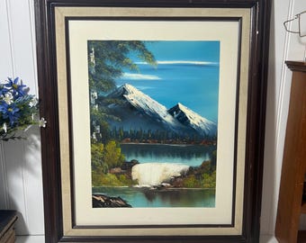 Vintage Original Oil Painting by Artist J. Medina Snowy Mountains
