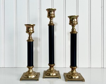 Vintage Brass Candlestick Holder Set | Black Column Decor