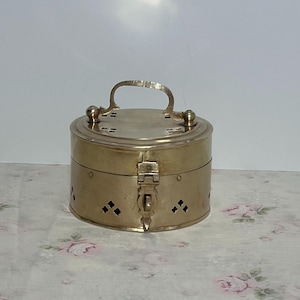 Vintage Brass Box, Brass Box with Ornate Handle and Hinges, Vented Cricket Box, Brass Trinket Jewelry Box, MidCentury Style, Small Chest