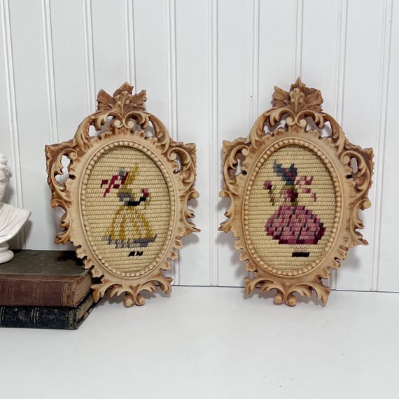 Vintage Framed Needlepoint Silhouette Art - Victorian Style - Set of 2