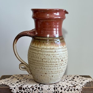 Large Vintage Stoneware Pitcher: Signed Studio Pottery with Swirl Handle