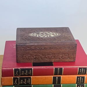 Vintage Hand Carved Wood Box on- Inlay Floral Design - Made in India