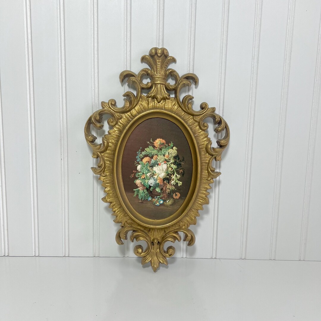 Vintage Gold Ornate Frame With Floral Print | Hollywood Regency Baroque ...