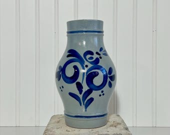Vintage Marzi Remy Pottery Vase | Blue Floral Salt Glaze Stoneware