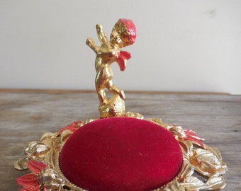 Vintage Metal Pin Cushion w Standing Cherub Angel & Gold Flowers w Red Leaves