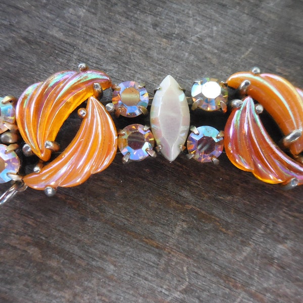 Vintage Elsa Schiaparelli AB Rhinestone & Orange Molded Glass Stones Bracelet