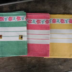 3 Indanthren Kitchen Towels Primary Colors Floral Stripes Cotton Linen UNUSED