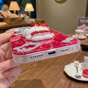 Hello Kitty Rhinestone Bow Phone Case, Red Heart Glitter Kitty Charms, Y2K BlingBling Phone Case image 4