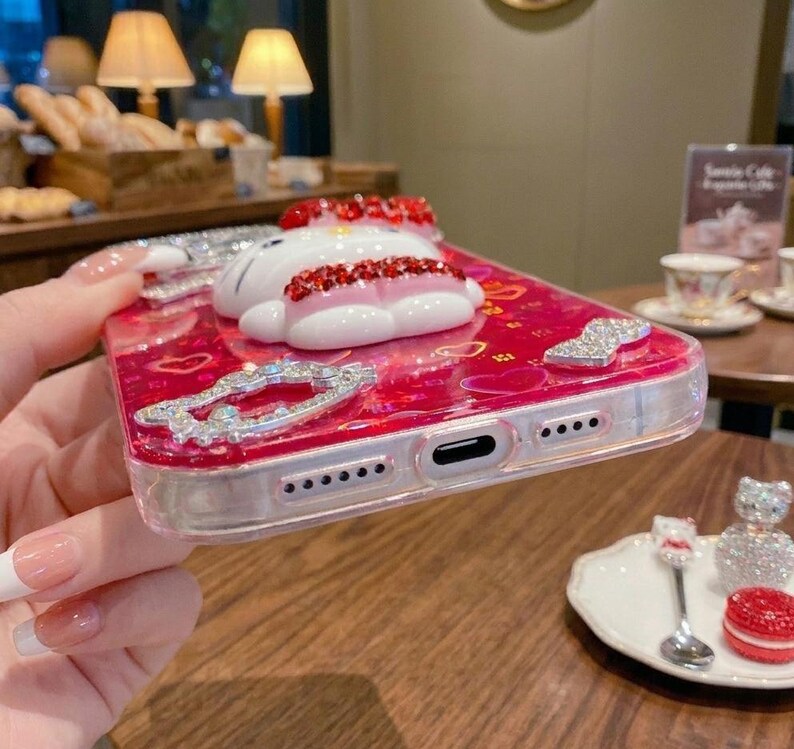 Hello Kitty Rhinestone Bow Phone Case, Red Heart Glitter Kitty Charms, Y2K BlingBling Phone Case image 4