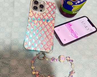 iPhone-hoesje met strass-steentjes: roze geometrisch patroon, bedelbandje