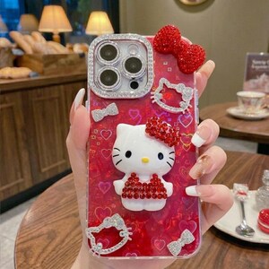 Hello Kitty Rhinestone Bow Phone Case, Red Heart Glitter Kitty Charms, Y2K BlingBling Phone Case image 1