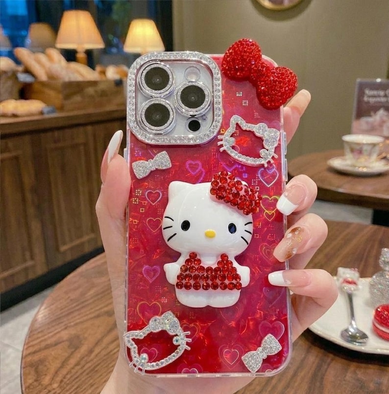 Hello Kitty Rhinestone Bow Phone Case, Red Heart Glitter Kitty Charms, Y2K BlingBling Phone Case image 1