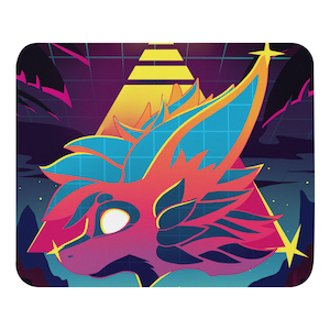 May include: A colourful, stylised illustration of a fox-like creature with a retro aesthetic. The artwork features a palette of orange, blue, and purple, set against a geometric background with a pyramid and grid pattern. The design has a bold, graphic style.