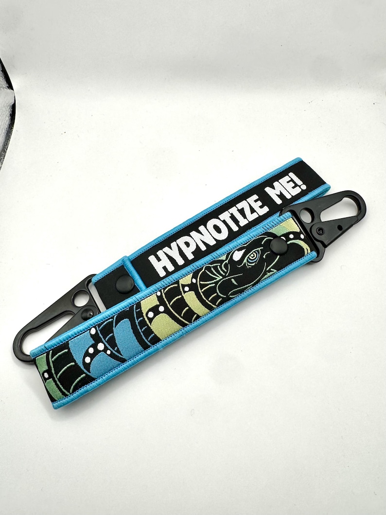 May include: Two black keychains with a blue and black design. One keychain has the text "HYPNOTIZE ME!" in white. The other keychain has a blue, green, and black snake design.