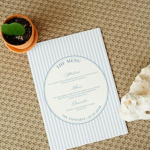 Menù a righe personalizzato Bluebell per matrimoni, raccolte fondi, eventi aziendali e altro ancora