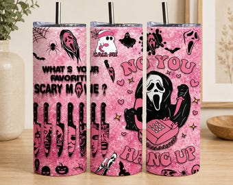 No You Hang Up Pink Glitter Ghostface Movie | Scary Movie | 20oz Insulated Stainless Tumbler | Horror Gift | Halloween Gift