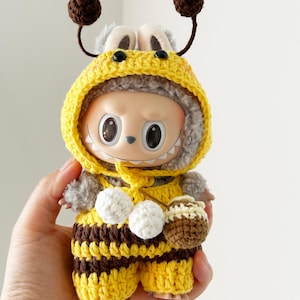 Handmade Crochet Bee Outfit for LABUBU - Gift for Labubu fan - bumblebee costume for Labubu - honey pot bag - cute crochet overalls