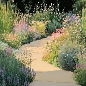 May include: A sunlit garden path winds through lush greenery and colorful flowers. The path is made of light-colored stone, bordered by tall grasses, lavender, and pink and white blooms. The scene evokes a sense of tranquility and natural beauty.