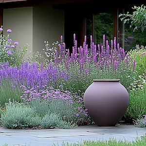 May include: A large, round, terracotta-colored planter sits in front of a bed of purple flowers. The planter is made of a smooth, matte material and has a slightly rounded base.